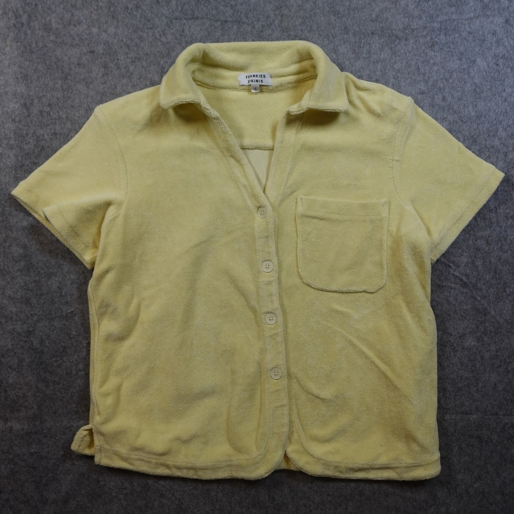 Frankies Bikinis Top Womens Small Yellow Terry Cloth Short Sleeve Button Front